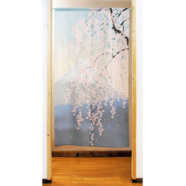 Japanese Door Curtain Noren – “Shiki Fuji: Spring” Weeping Cherry Blossoms 85×150cm (Made in Japan)
