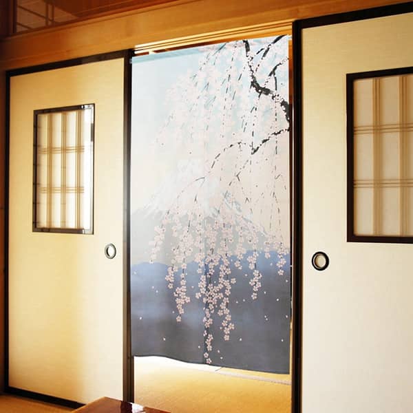 Japanese Door Curtain Noren – “Shiki Fuji: Spring” Weeping Cherry Blossoms 85×150cm (Made in Japan)