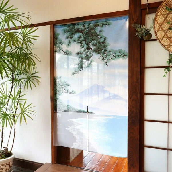 Japanese Door Curtain Noren – “Shiki Fuji: Summer” Miho Pine Grove & Waves 85×150cm (Made in Japan)