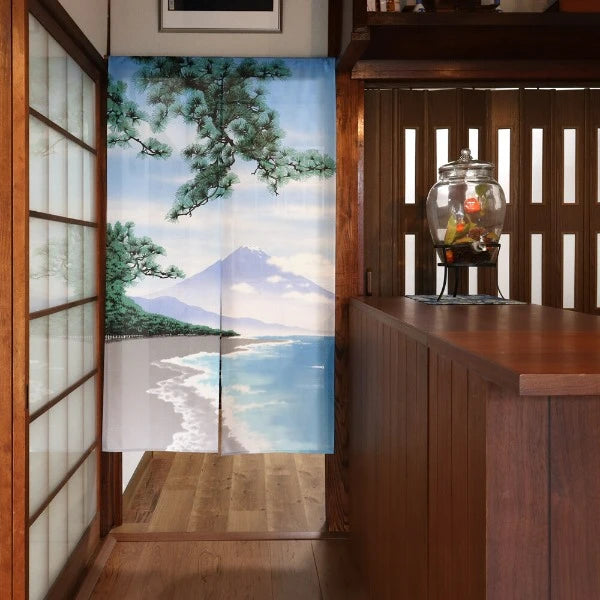 Japanese Door Curtain Noren – “Shiki Fuji: Summer” Miho Pine Grove & Waves 85×150cm (Made in Japan)