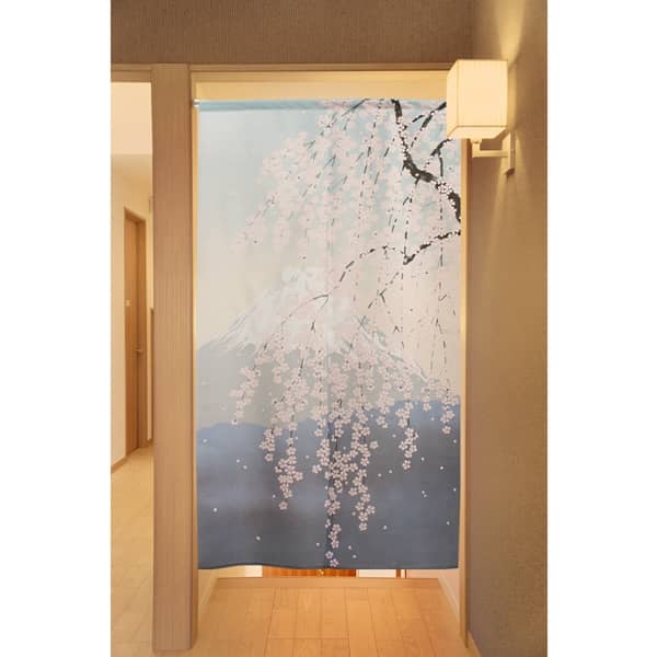 Japanese Door Curtain Noren – “Shiki Fuji: Spring” Weeping Cherry Blossoms 85×150cm (Made in Japan)