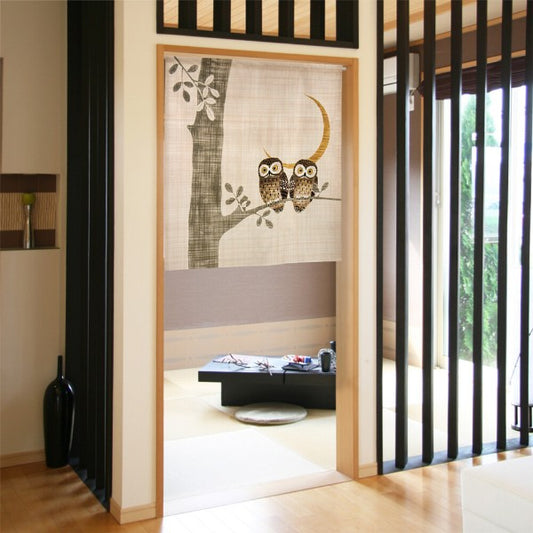 Made in Japan Owl Linen-Style Noren Door Curtain Half Size