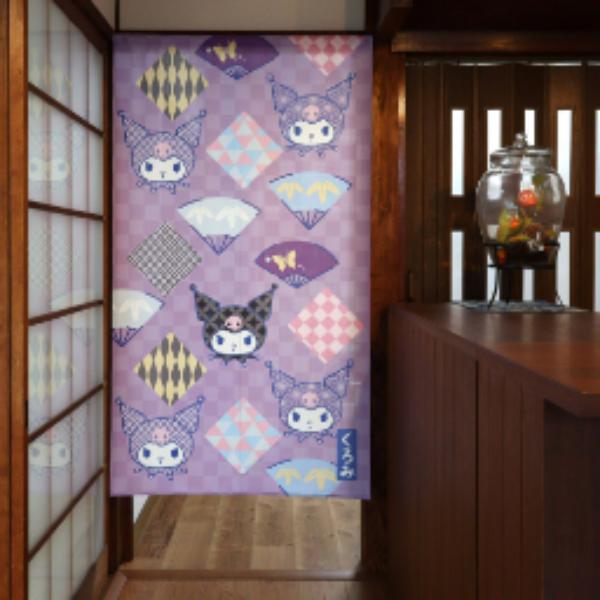 Sanrio Japanese Door Curtain Noren – Kuromi with Folding Fan Design 85×150cm (Made in Japan)